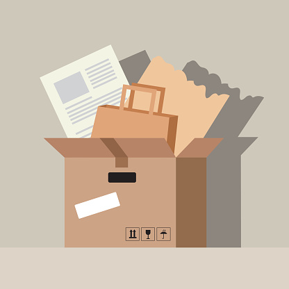 Old waste paper in a cardboard box. Flat vector illustration.