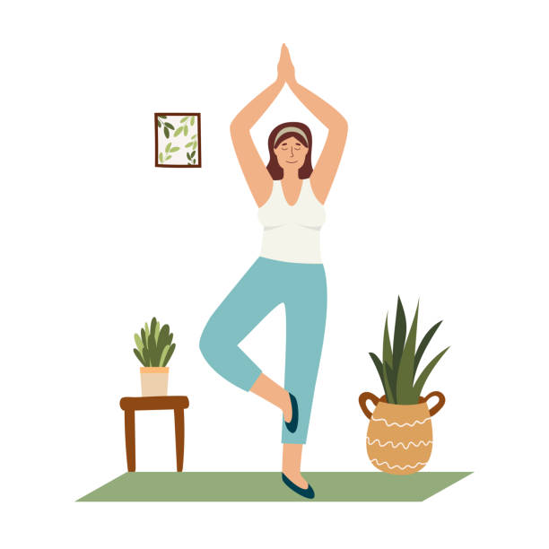 Woman doing yoga, being asana, practicing meditation. White woman character in home interior. Vector illustration. Woman doing yoga, being asana, practicing meditation. White woman character in home interior. Vector illustration. meditation room stock illustrations