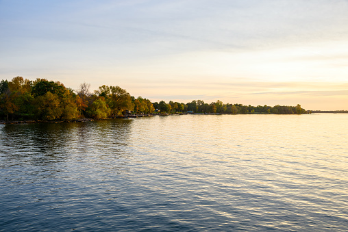 Wooded shores of a lake at sunset. Tranquil scene. Wolfe Island, ON, Canada.