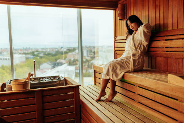 istock Woman is sauna with view. 1428739844