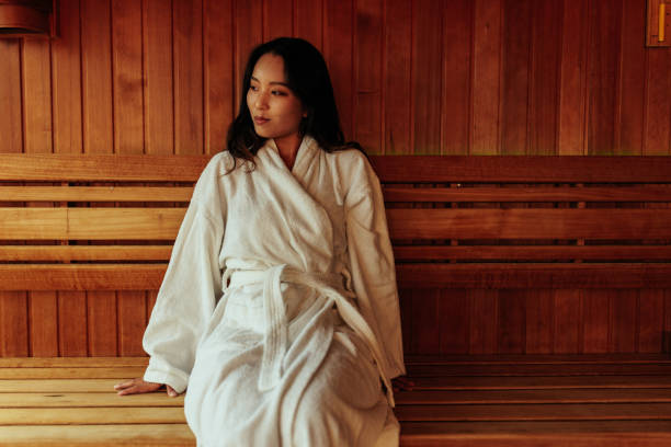 Beautiful Asian woman in sauna.
