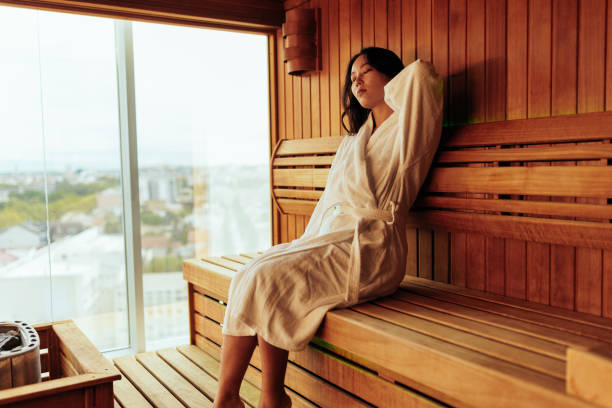 istock Young Asian woman in sauna. 1428740065
