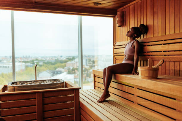 istock Relaxed woman in sauna. 1428740237