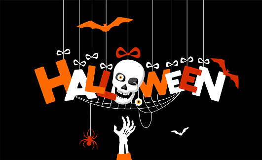 Halloween Banner with Hanging Letters. Design with skull, spider web and bats for greeting cards, posters, flyers and invitations. Black background.