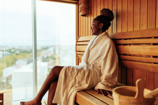 istock Cheerful woman in sauna. 1428740403