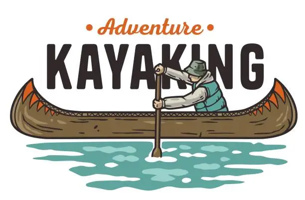 Vector illustration of Kayaking sport print. Rafting on kayak the river