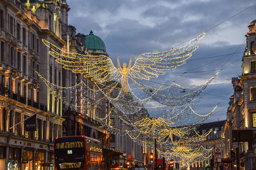London, UK - November 23 2020: Angel Christmas lights in Regent Street, view at night