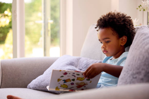 istock Young Boy Reading Book Sitting On Sofa At Home 1428745347