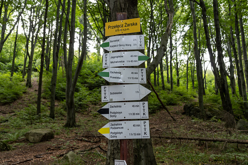 A signpost showing the way to the nearest villages and the time needed to get there, and informing about the location and height of the Żarska Pass in the Karkonosze National Park.