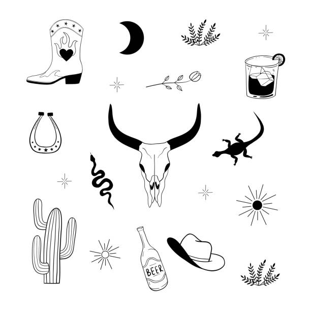 Western cowboy set Western cowboy set - boots, hat, horseshoe, snake, buffalo skull, beer, cactus and other. Stickers pack wild west. Western vintage graphic. Hand drawn isolated vector illustration edgy drawings stock illustrations