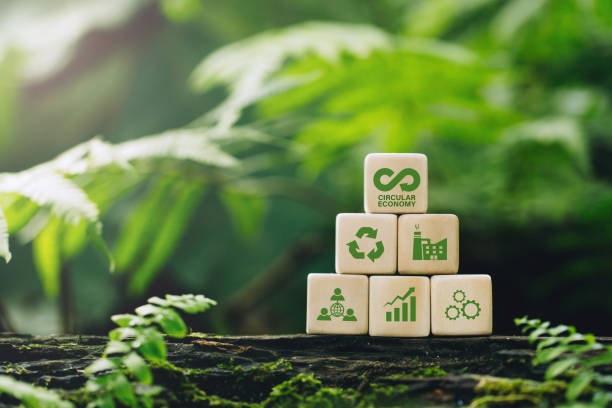 Circular economy concept.wooden cubes with a Circular economy icon on a green background. circular economy for future growth of business and design to reuse and renewable material resources. stock photo