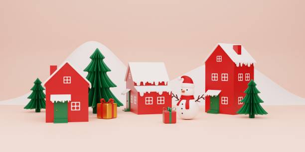 istock 3d rendering illustration, toy city with snowman, Christmas background 1428754400