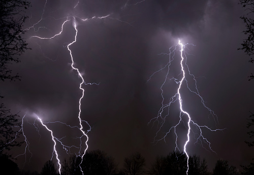 Multiple lightning strikes during a severe storm in Jonesboro, Arkansas.