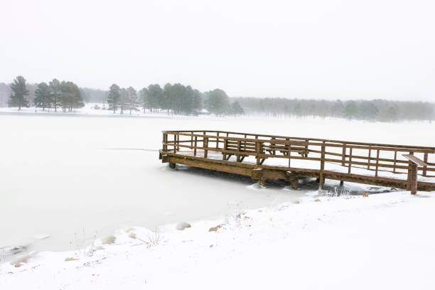 The harsh wind sends the snow horizontally to cover the pier and frozen lake of Craighead Forest located in Jonesboro, Arkansas.