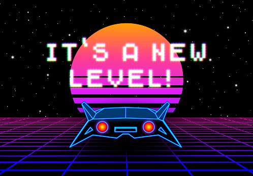Synthwave greeting card with 80s styled sun, space ship and pixel font greeting phrase. New level, grade or upgrade party flyer with retro arcade spaceship design