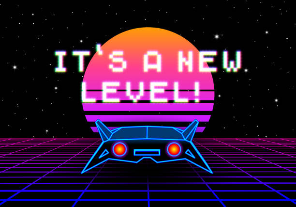 Synthwave greeting card with 80s styled sun, space ship and pixel font greeting phrase. New level, grade or upgrade party flyer with retro arcade spaceship design. Synthwave greeting card with 80s styled sun, space ship and pixel font greeting phrase. New level, grade or upgrade party flyer with retro arcade spaceship design amusement arcade stock illustrations