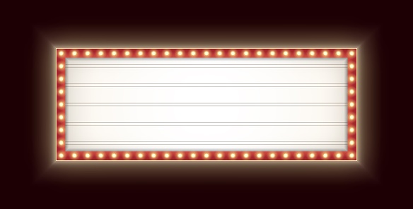 Retro lightbox with yellow light bulbs isolated on a dark background. Vintage theater signboard mockup. Red commercial announcement banner. Marquee billboard with lamps.