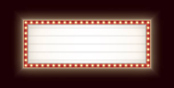 Retro lightbox with light bulbs isolated on a dark background. Vintage theater signboard mockup. Retro lightbox with yellow light bulbs isolated on a dark background. Vintage theater signboard mockup. Red commercial announcement banner. Marquee billboard with lamps. theatre mirror stock illustrations