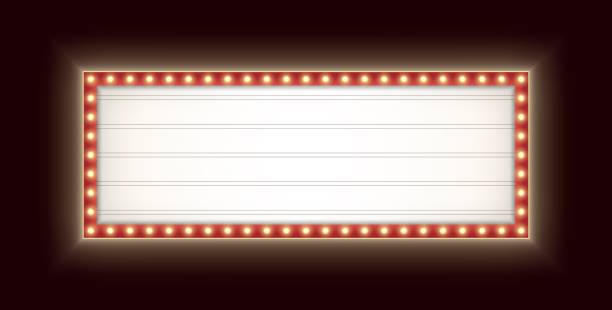 Retro lightbox with light bulbs isolated on a dark background. Vintage theater signboard mockup. Retro lightbox with yellow light bulbs isolated on a dark background. Vintage theater signboard mockup. Red commercial announcement banner. Marquee billboard with lamps. theatre industry stock illustrations