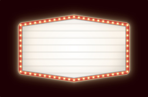 Retro lightbox with yellow light bulbs isolated on a dark background. Vintage theater signboard mockup. Red hexagonal commercial announcement banner. Marquee billboard with lamps.