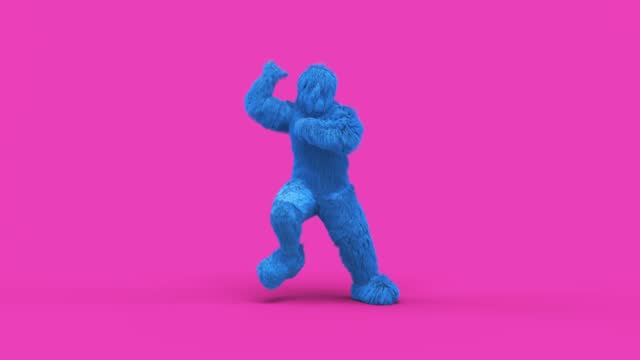 3d hairy monster movie character dancing style with blue furry on pink background 4K