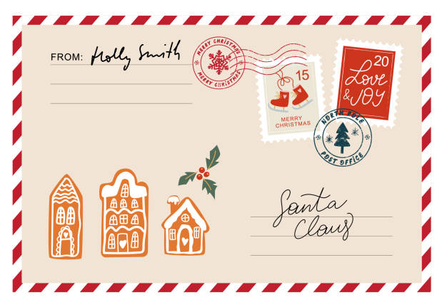 Christmas envelope with stamps, seals, gingerbread houses and inscriptions to Santa Claus. Christmas envelope with stamps, seals, gingerbread houses and inscriptions to Santa Claus. Cute Mail Santa Claus. Letter to Santa Claus. Nice list santa letter stock illustrations