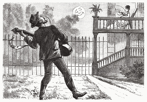 Serenade for the beloved. Nostalgic scene from the past. Wood engraving, published in 1885.
