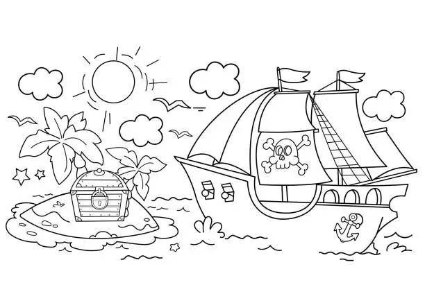 Vector illustration of Coloring Page Outline Of Cartoon pirate ship with treasure island. Sailboat with black sails with skull in sea. Coloring book for kids.