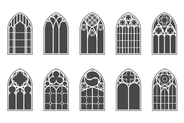 ilustraciones, imágenes clip art, dibujos animados e iconos de stock de iglesia medieval de ventanas. elementos de arquitectura de estilo gótico antiguo. ilustración de glifos vectoriales sobre fondo blanco. - stained glass church window glass