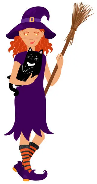 Vector illustration of Witch holds black cat and broom. Halloween theme. Hand drawn vector illustration. Suitable for web background, gift paper, fabric or textile.