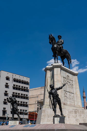 Ankara, Turkey - May 18, 2022: The Victory Monument is located in Ulus Square in Ankara. It was built in 1927 by Heinrich KRIPPEL (Austrian sculptor).