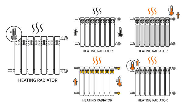 stockillustraties, clipart, cartoons en iconen met central heating radiator battery, heat system in house room, metal home wall heater line icon set. warmth convector. warm tube for control air temperature apartment in winter. thermal equipment vector - central heating