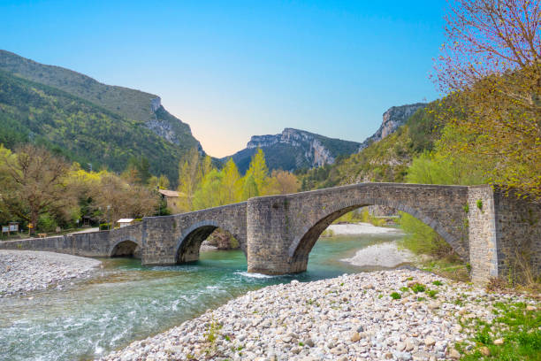 Medieval bridge over the river Esca in Burgi, Navarre, Spain