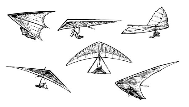 illustrations, cliparts, dessins animés et icônes de vol en deltaplane. ensemble d’objets. esquisse de contour dessinée à la main. isolé sur fond blanc. vecteur. - skydiving parachute hang glider silhouette