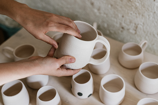 Clay products in pottery studio drying