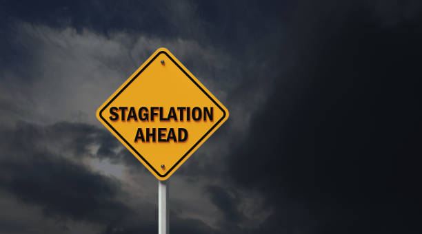 istock Yellow Off Road Traffic Sign With Stagflation Ahead Text Before Cloudy Sky 1428799973