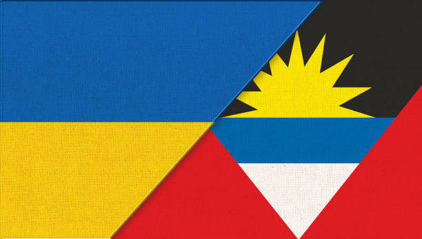 flag of ukraine and antigua and barbuda - 3d illustration. fabric surface - 16707 imagens e fotografias de stock