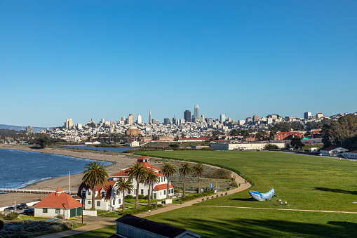 scenic view to skyline of San Francisco with green Crissy field area