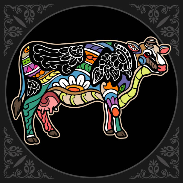 istock Colorful Cow mandala arts isolated on black background 1428803255