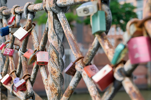 Colorful Padlocks on a Bridge Handrail