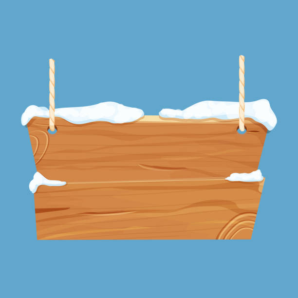 istock Old winter wooden blank, signboard with snow, rope in cartoon style.Empty frame, direction plank isolated on white background. Season decoration. Vector illustration 1428807145