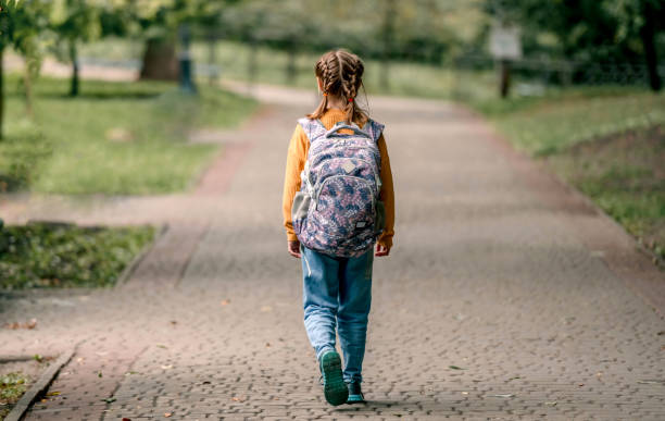 istock Schoolgirl with backpack outdoors 1428807897