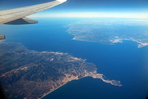 Aerial photo of the Strait of Gibraltar taken from inside a commercial airliner, Spain and Morocco