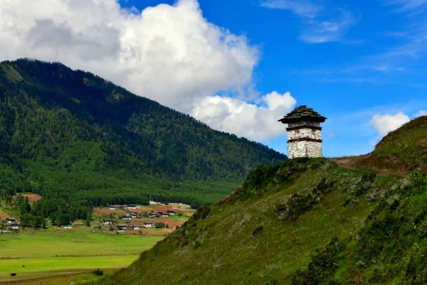 Phobjikha Valley, Wangdue Phodrang District, Bhutan: tower-like chorten on a ridge outside  Dungdungneysa village - Gangtey nature trail, leading to Gangtey Monastery.