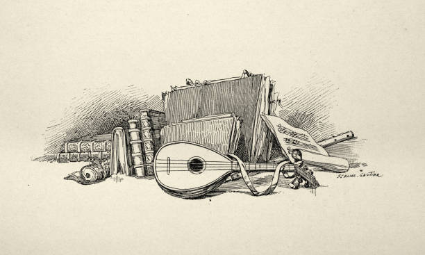 Vintage illustration Mandolin, with music sheets and books, Musical History, 1890s, 19th Century