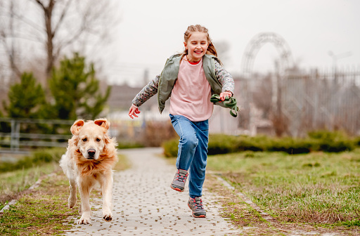 Little beautiful girl running with golden retriever dog along the road in spring time