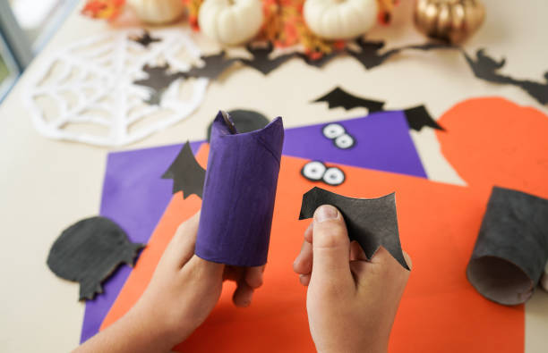 Step by step instruction - 5 - Decorations for Halloween party from toilet roll. Easy eco-friendly DIY master class, craft for kids. Development imagination and sensory motor skills