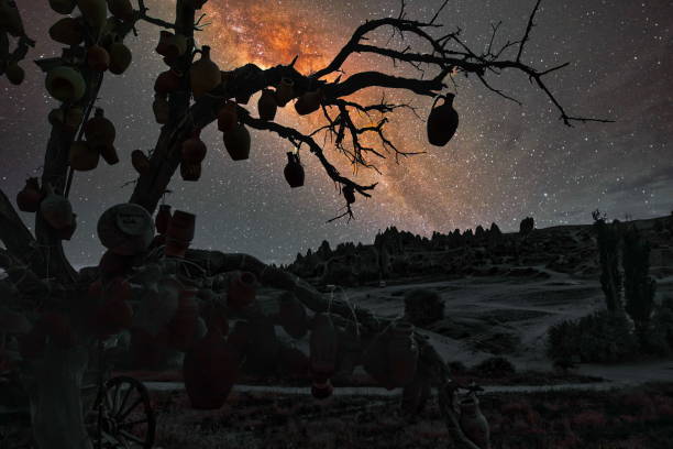 night view in cappadocia, jagged rocks and milky way