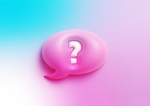 Question mark written circular pink speech bubble sitting on colorful background. Horizontal composition with copy space.