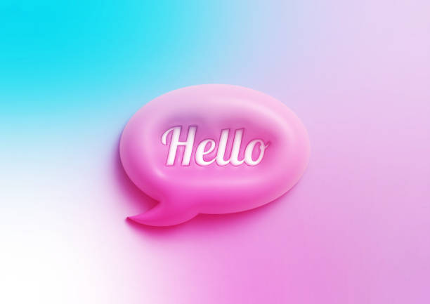 Hello written circular pink speech bubble sitting on colorful background. Horizontal composition with copy space.